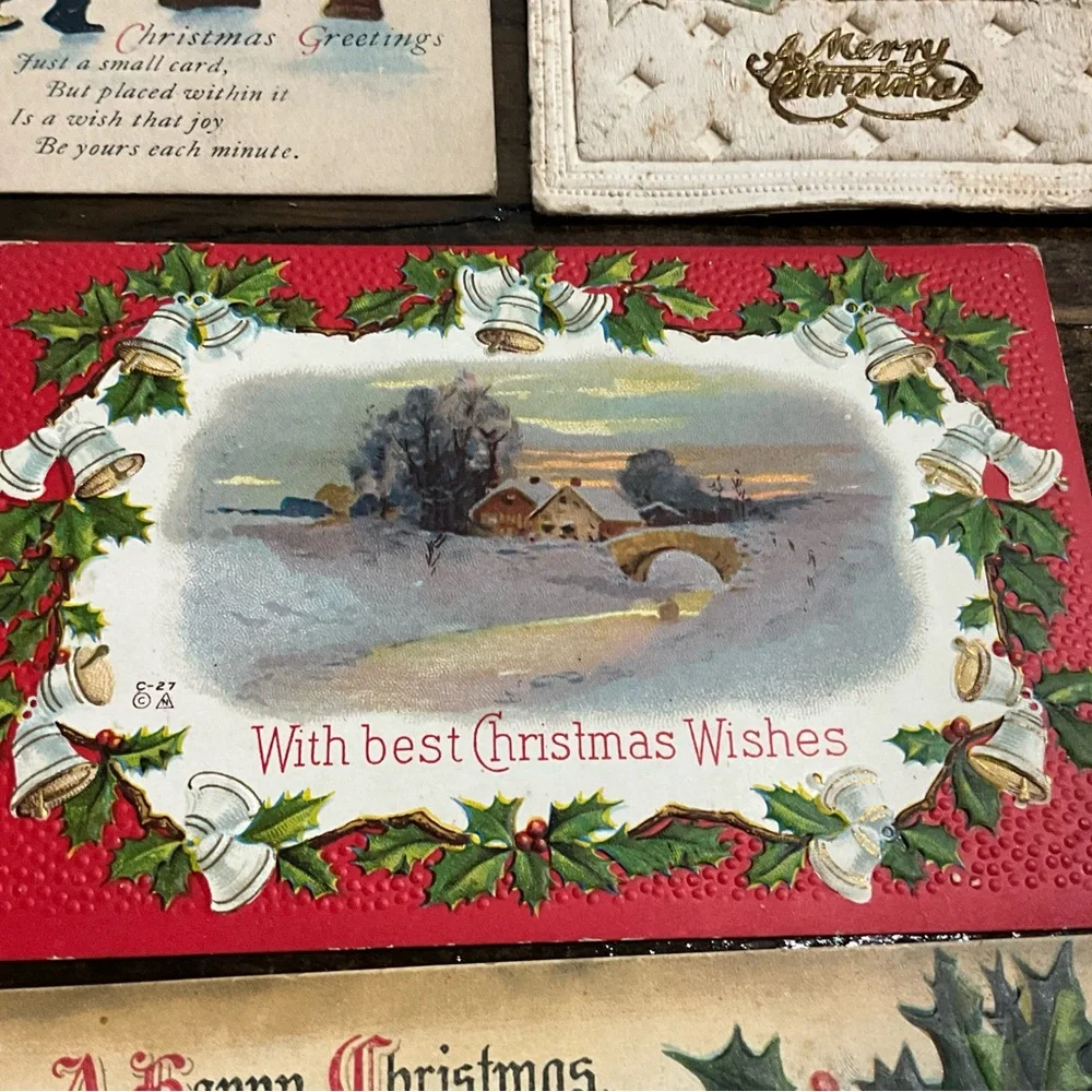 Antique Lot of 8 Christmas Holiday Postcards Santa Flowers Scrapbooking